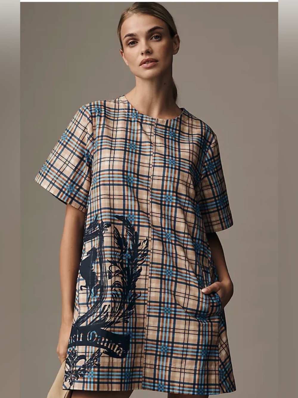 NWT RARE Maeve Emmy Swing Dress Blue/tan Plaid  XL pockets!